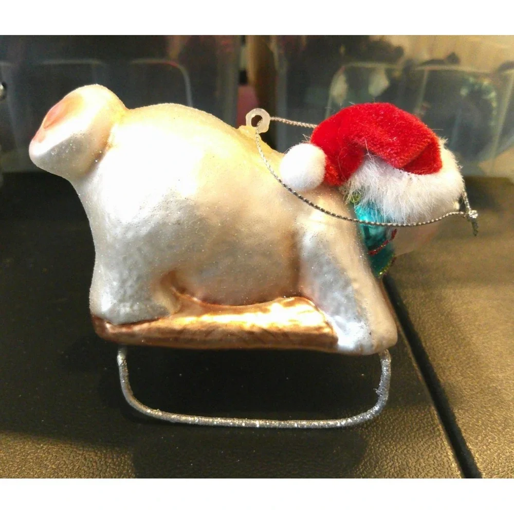 White‎ Polar Bear Blue Scarf Sledding Glass Christmas Tree Holiday Ornament